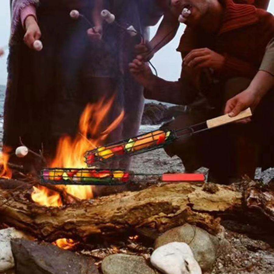 Edelstahl-Grillkäfig mit Holzgriff in Silber für Fisch, Garnelen und Gemüse - Bild 4