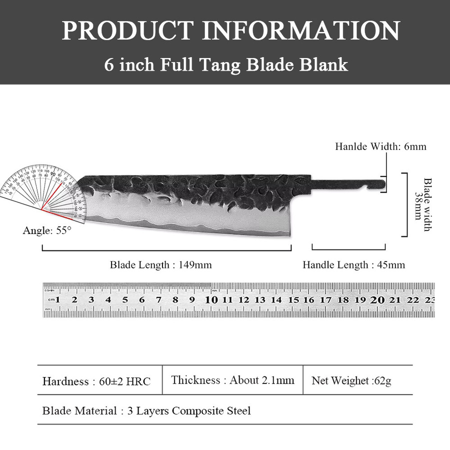 DASHWAY Bunka Kochmesser Kiritsuke aus Verbundstahl mit Full Tang, leere Klinge für DIY-Handarbeit, Silber, Klingenlänge: 15,2 cm - Bild 3