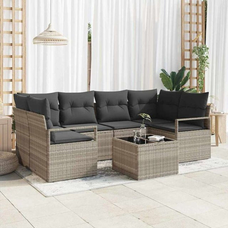 vidaXL Garten-Sofa-Set aus Polyrattan und Stahl, 7-teiliges modulares Loungemöbel-Set in Grau, B/T/H: 55 x 55 x 37 cm - Bild 1
