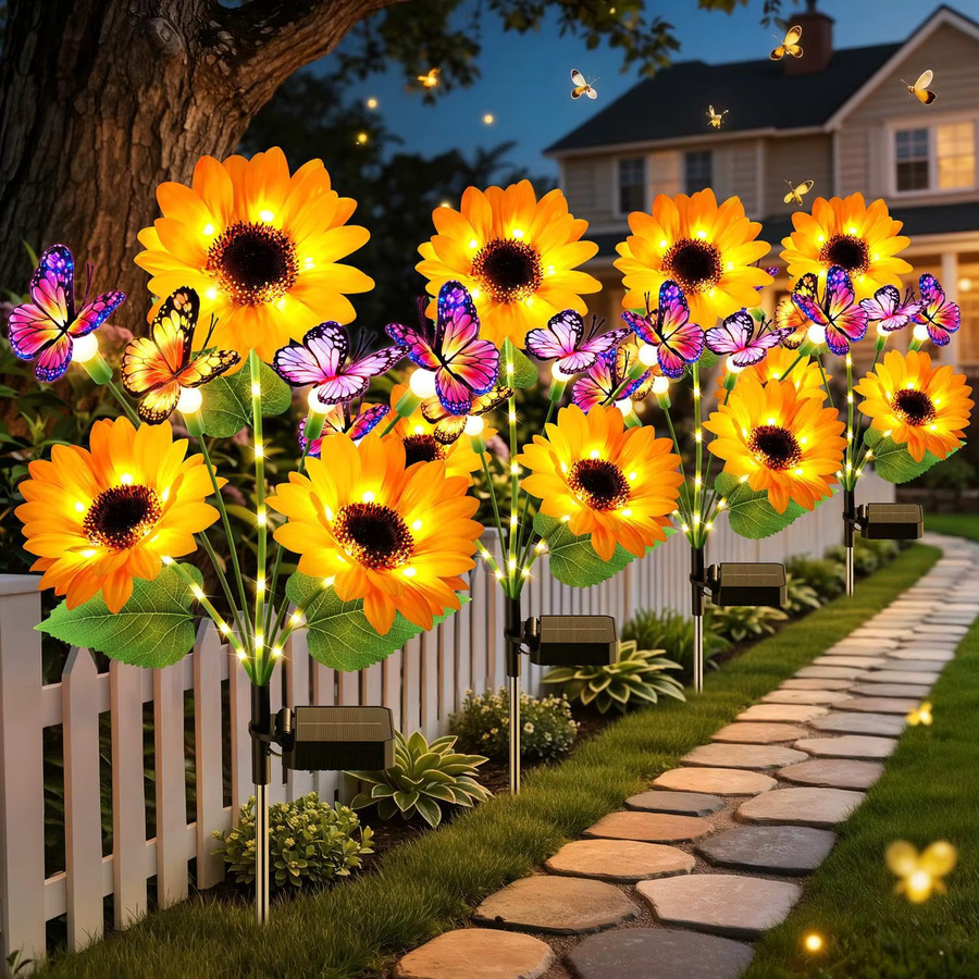 PUAIDA Solar Sonnenblumen Gartenlichter Set mit 16 Schmetterlingen, Wasserdichte Solar Blumen Deko in Gelb für Garten und Rasen - Bild 8
