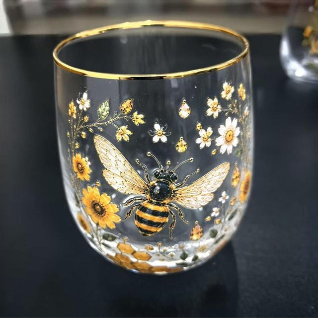ABXMAS Vintage Glasbecher mit Tier- und Blumenmuster, Goldrand, transparent, 300 ml - Bild 1