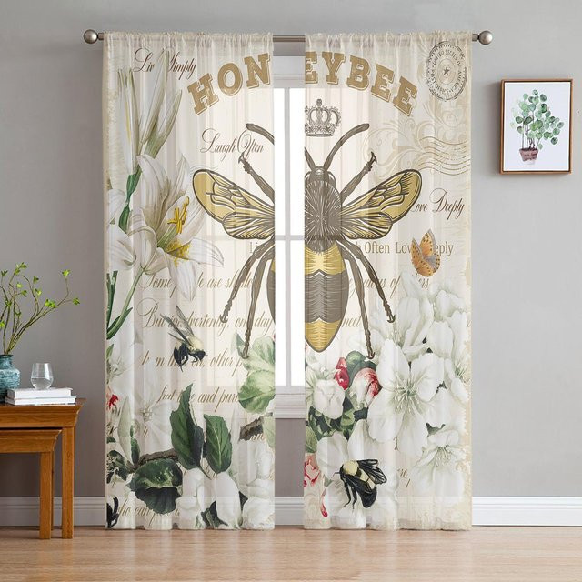 Transparente Tüll-Vorhänge mit Bienen-Azalee-Blumenmuster im Vintage-Stil, Mehrfarbig, B: 135 cm, H: 160 cm - Bild 1