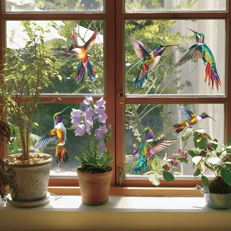 Bunter Kolibri Glasfenster Aufkleber mit Landschaftsmotiv als dekorativer UV-beständiger Fenstersticker für dein Zuhause, mehrfarbig - Bild 1