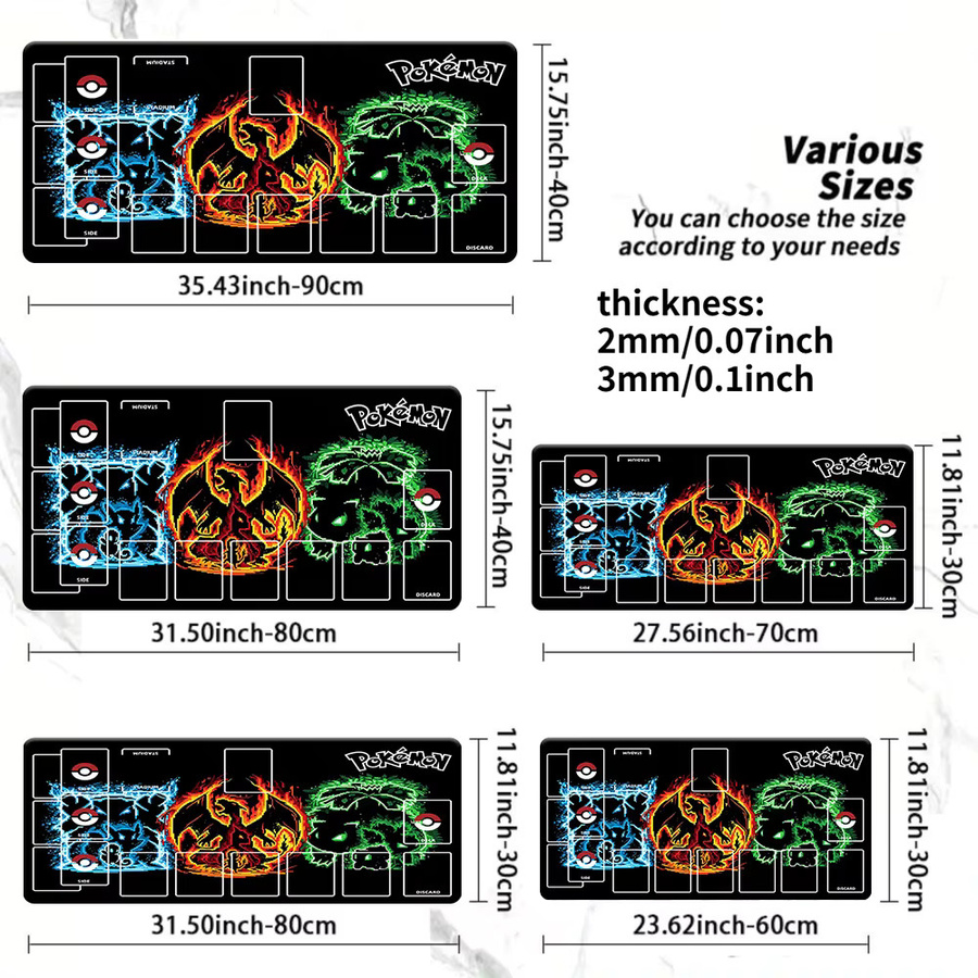 Potdemiel Pokemon TCG Spielmatte, Blastoise, Charizard, Venusaur, Neon Pixel Art Design, Große Sammelkartenspiel-Matte mit Zonen - Bild 5