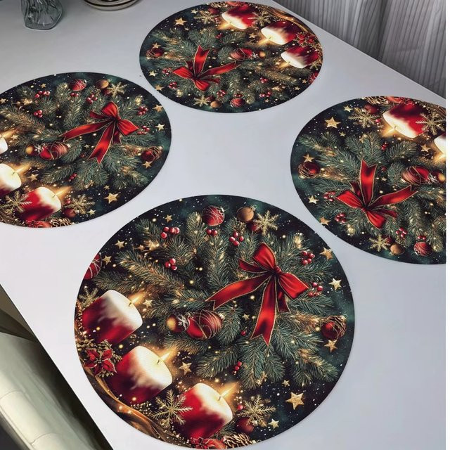 VIKAMA 4er Set Runde Tischsets Weihnachten Winter Motiv, Wasserdicht und Wärmeisolierend, Mehrfarbig - Bild 1