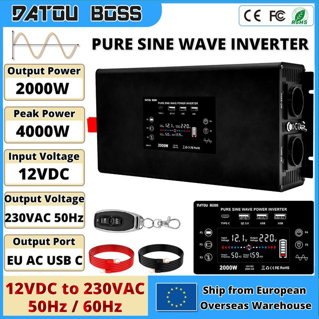 DATOUBOSS 2000W 12V DC auf 230V AC Reiner Sinus Wechselrichter mit USB-C und AC-Buchse, Spannungswandler für RV und Auto, Schwarz - Bild 1