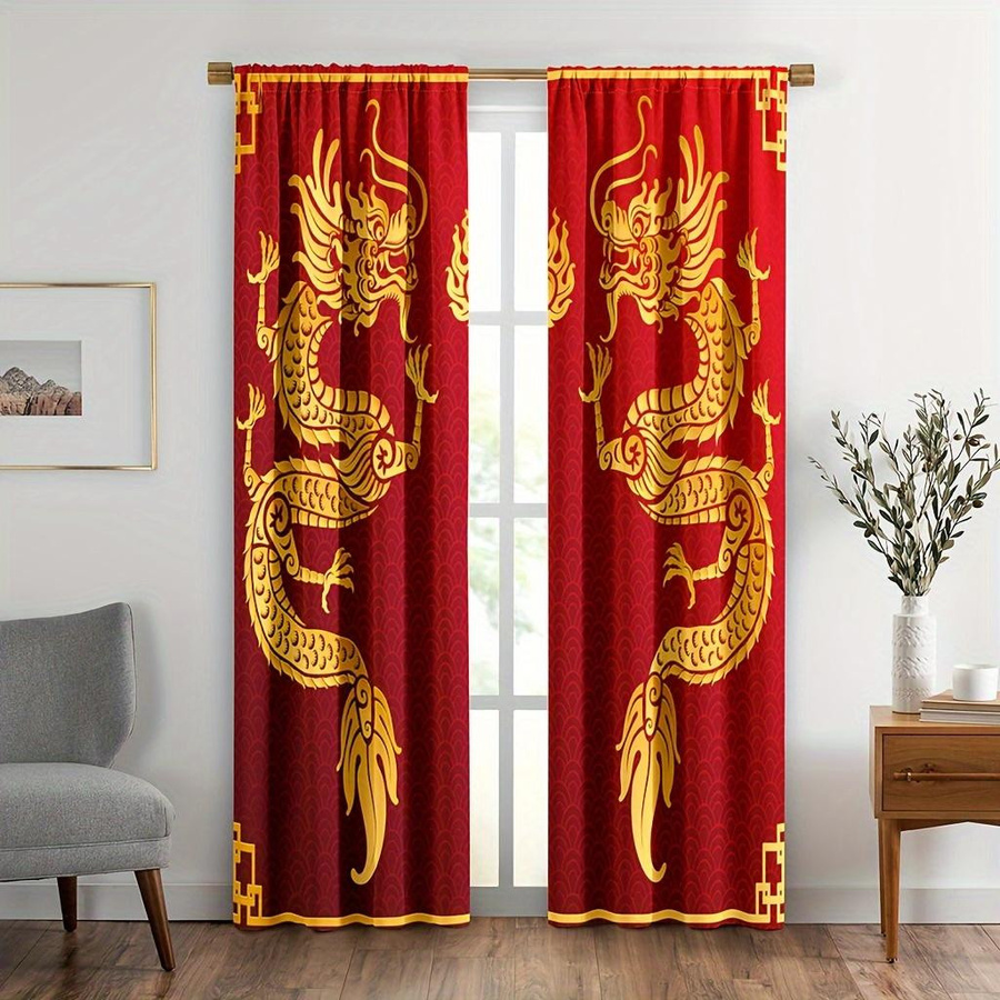 2er-Set Goldener Drache Vorhänge mit 3D-Kunstdruck in Rot und Gold, semi-transparent, Stangentasche, Breite: 150 cm, Höhe: 166 cm - Bild 2