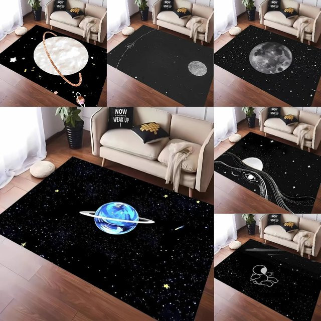 Cartoon Universum Planeten und Mond Teppich in Schwarz für Kinderzimmer, Wohnzimmer und Schlafzimmer - Bild 1