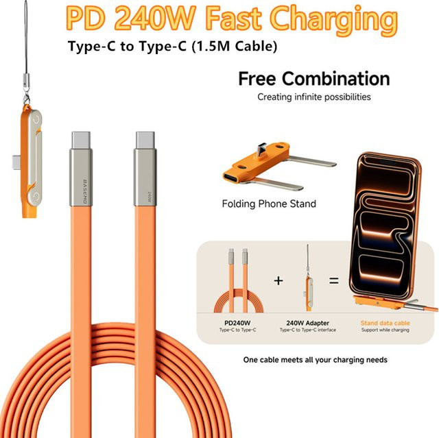 VBVC 2-in-1 Lade- und Datenkabel mit 240W Schnellladefunktion, 360 Grad drehbar, abnehmbar und versteckbar, Farbe: Orange, kompatibel mit iPhone 17, 16 und Samsung S26, Xiaomi - Bild 1