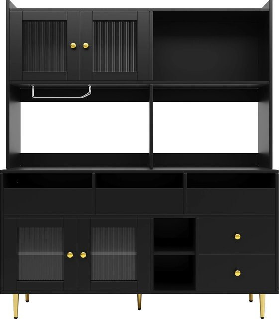 okwish Hochschrank mit Glastür und Weinglasregal in Schwarz, B/T/H: 145 x 39 x 171 cm - Bild 1