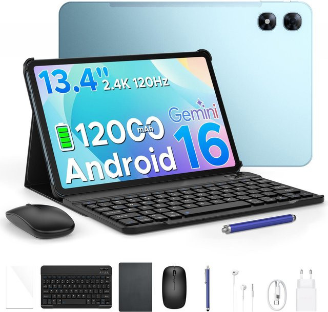 POCKAM P13 Pro Tablet mit 13,4 Zoll Display, 48GB RAM, 256GB Speicher, 2,4K 120Hz, Android 16, Octa-Core, 12000mAh, 5G, WIFI, 4G LTE, inklusive Tastatur und Hülle, Blau - Bild 1