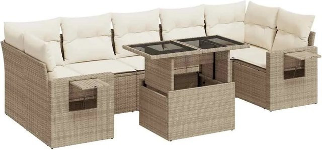 vidaXL 8-tlg. Garten-Sofagarnitur in L-Form aus Poly-Rattan mit Kissen in Beige-Creme - Bild 1