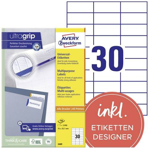 Avery Zweckform Universal-Etiketten 3489, Weiß, A4, 3000 Stück (100 Bogen), Breite: 70 mm, Höhe: 29,7 mm, FSC-Papier, permanent haftend - Bild 1