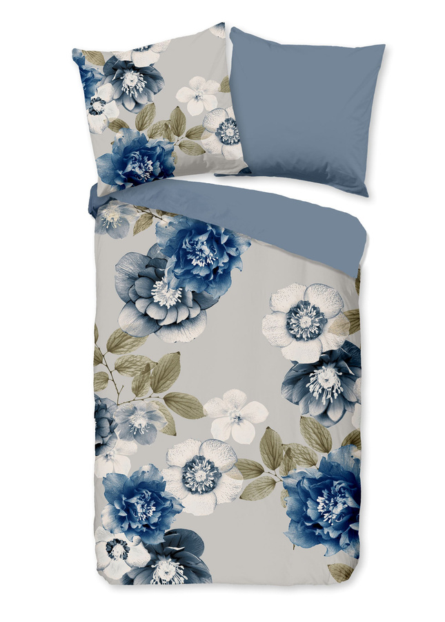 Good Morning Flanell Bettwäsche Gabin Blüten Blumen Blätter Blau, Set bestehend aus Bettbezug und Kissenbezug, B/H: 155 x 220 cm, Kissen: 80 x 80 cm - Bild 1