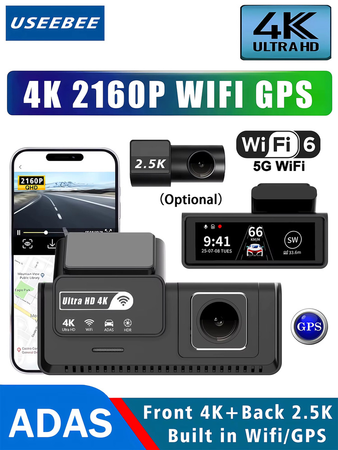 USEEBEE Dashcam mit Doppellinse: 4K UHD Auto-DVR mit 2.5K Rückkamera, ADAS, WLAN und GPS in Schwarz - Bild 7
