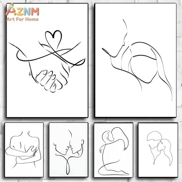 AZNM Minimalistische Leinwand Wandkunst Abstrakte Paar-Linienkunst mit Herzmotiven in Weiß - Bild 1