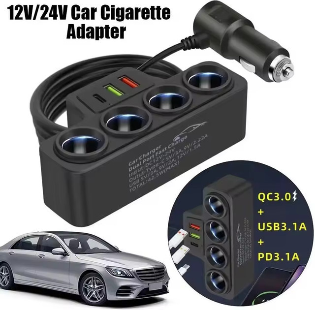 120W USB-C Multi-Port Auto-Handyladegerät mit Vierfach-Zigarettenanzünder-Adapter in Schwarz für schnelles Laden im Fahrzeug - Bild 1