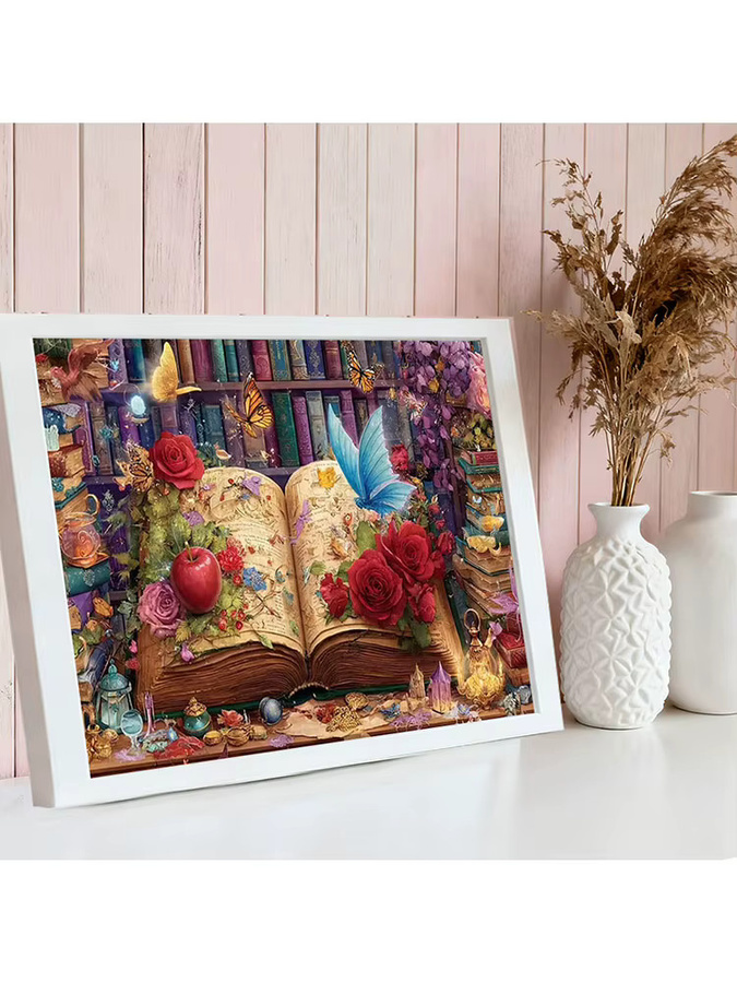 HUACAN Diamond Painting Set Bücherregal-Landschaft mit Rosen, Schmetterlingen und Blumen in Multicolour, B/H: 30 x 20 cm - Bild 3