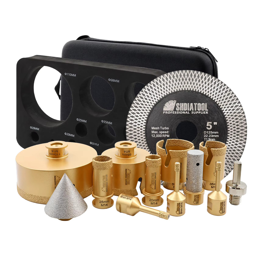 SHDIATOOL 13-teiliges Diamantbohrer-Set in Gold mit Lochsägen 6–110 mm, Fräser, Fase, Trennscheibe und Sechskant-Adapter für Fliesen - Bild 3