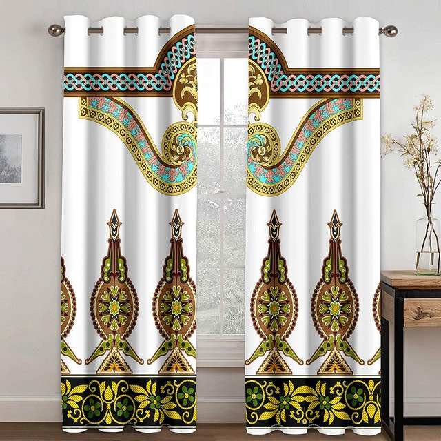 Saba Telet Äthiopische Eritreische Verdunkelungsvorhänge mit Grafikmuster in Weiß, 2er-Set, B: 50 cm, H: 130 cm - Bild 1