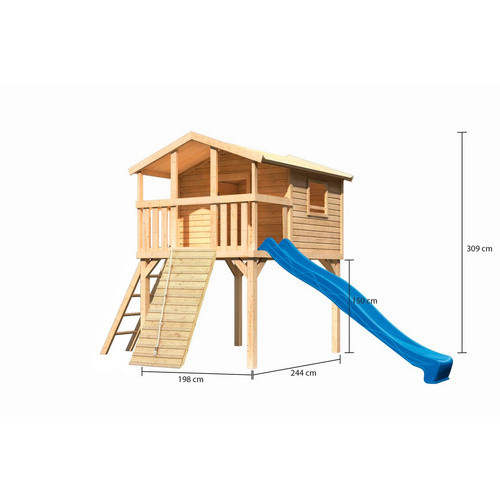 Karibu Stelzenhaus Benjamin Set in Natur mit Holzrampe und Rutsche, Farbe Blau, B/H/T: 198 x 309 x 244 cm - Bild 4