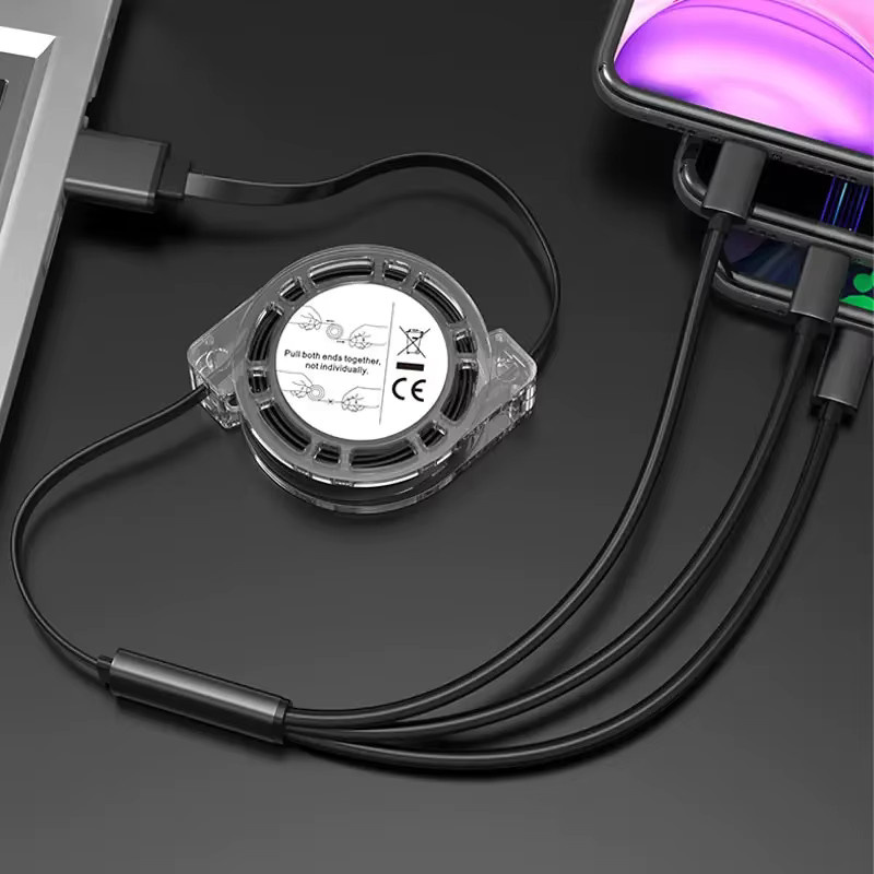 OIITH 3-in-2 Einziehbares USB-C Daten- und Ladekabel für iPhone, Android, Samsung, Xiaomi und Huawei in Schwarz - Bild 2