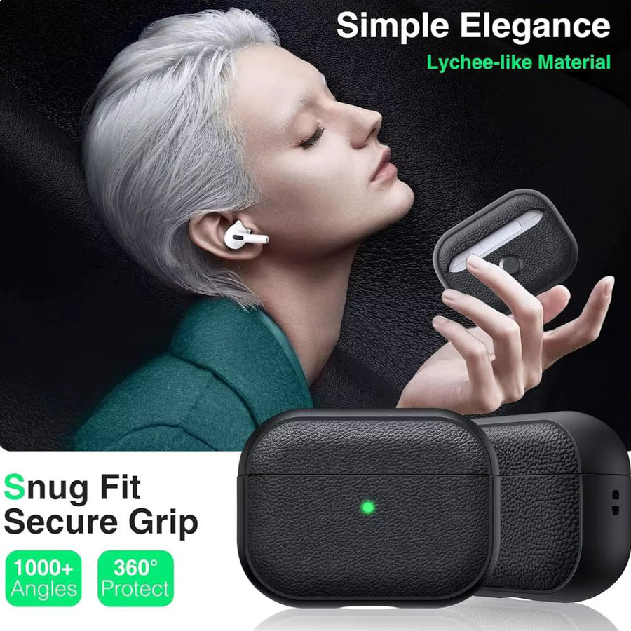 Apple AirPods Pro 3 Schutzhülle aus weichem TPU-Litschi-Leder in Weiß mit Trageband - Bild 3