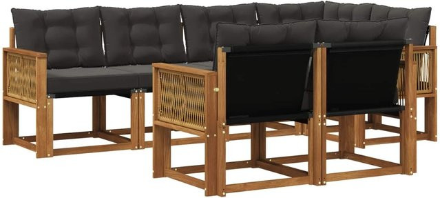 vidaXL Outdoor-Sofagarnitur L-Form aus massivem Akazienholz mit 7 Textilene-Kissen in Natur-Schwarz - Bild 1