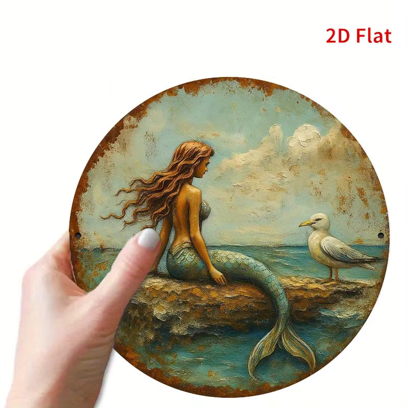Runde Metall-Wandkunst von Potdemiel mit Meerjungfrau und Möwe in Multicolour für maritime Dekoration - Bild 3