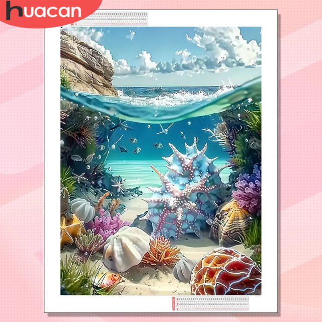 HUACAN Diamantmalerei Muschel-Landschaft als dekoratives Wandgemälde im maritimen Design, Set mit quadratischen und runden Perlen, Mehrfarbig - Bild 1