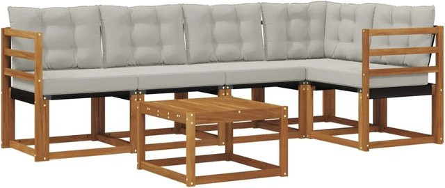 vidaXL Outdoor-Sofagarnitur 6-teilig aus Akazienholz und Textilene in L-Form mit Kissen, Farbe: Natur und Hellgrau - Bild 1