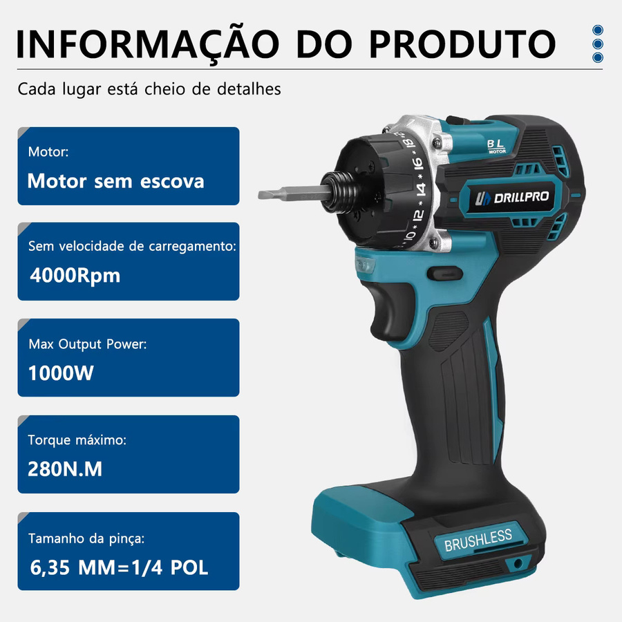 Drillpro Bürstenloser elektrischer Akkuschrauber mit 280 Nm Drehmoment und 20+1 Stufen in Blau, kompatibel mit Makita LXT Akkus - Bild 3