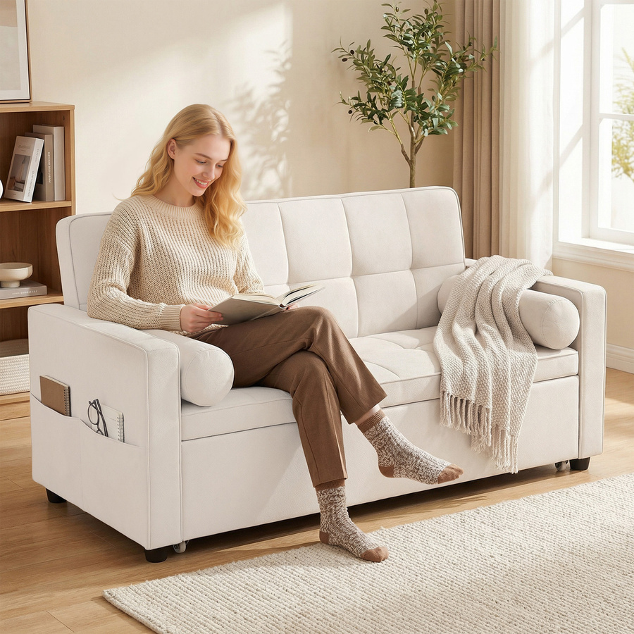 HOMCOM 3-in-1 Schlafsofa 2-Sitzer als ausziehbares Doppelbett mit verstellbarer Rückenlehne und 2 Kissen in Beige mit Leinenoptik-Stoff und Armlehnen-Taschen - Bild 2