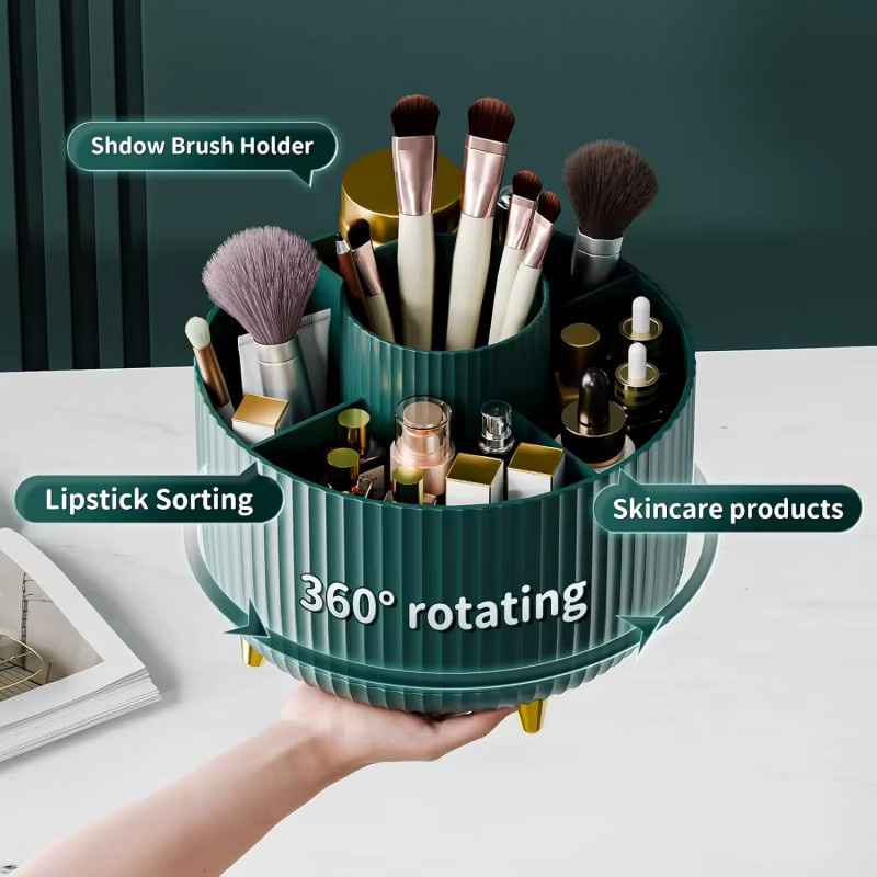 RUNTOIN Rotierender Make-up-Organizer mit 5 Fächern und Pinselhalter, Kosmetikvitrine und Schmuckbehälter aus Kunststoff in Pink oder Green - Bild 2