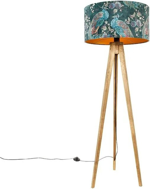 QAZQA Dreibeinstativ Vintage Stehlampe aus Holz mit Stoffschirm in Pfauengrün, Höhe: 50 cm - Bild 1