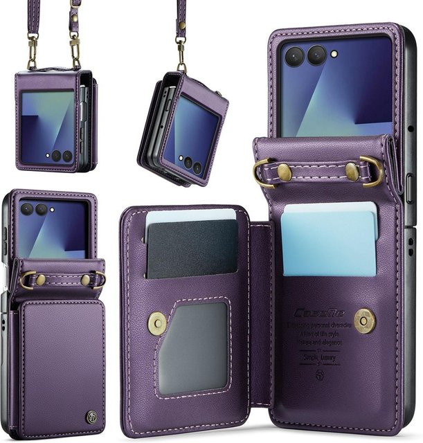 Samsung Galaxy Z Flip 7 Geldbörsen-Handyhülle aus weichem PU-Leder in Schwarz mit Kartensteckplatz, Handschlaufe, Schultergurt und Ständerfunktion - Bild 1