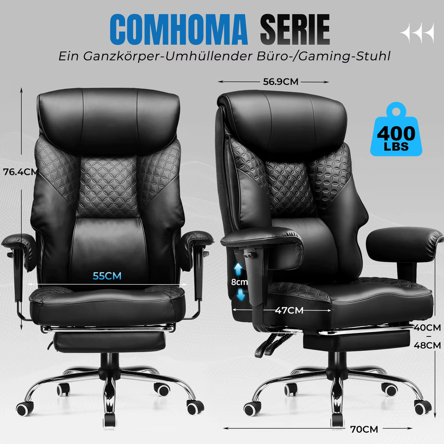 COMHOMA Gaming Stuhl in Schwarz, ergonomischer Bürostuhl mit Fußstütze und Kopfstütze für große und schwere Personen bis 180 kg, verstellbares Design mit 3D Sitzkissen und Armlehnen - Bild 6