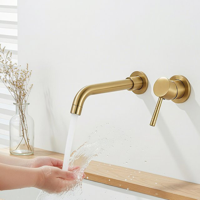 Quyanre Unterputz-Wandarmatur für das Waschbecken in gebürstetem Gold mit Einhandmischer und 360 Grad drehbarem Auslauf - Bild 1