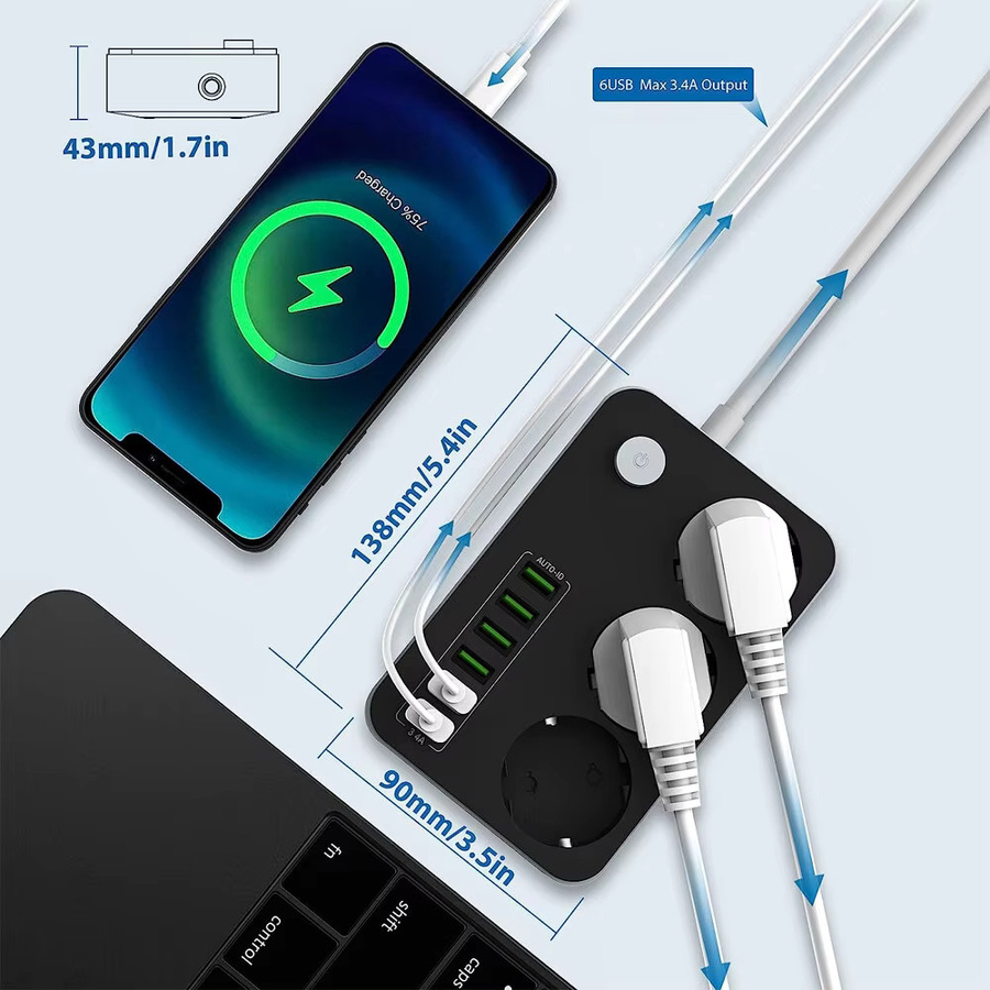 EU-Steckdosenleiste mit 3 Steckdosen und 6 USB-Anschlüssen inklusive USB-C, 2500W Verlängerungskabel mit 2m Länge und Überspannungsschutz für Zuhause und Büro - Bild 4