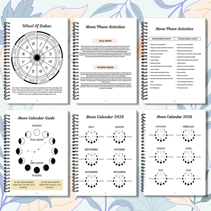 Spiralnotizbuch 2026 Mond- und Astrologie-Tagebuch mit Mond- und Blumen-Motiv in Rosa, A5, Softcover - Bild 3