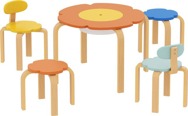 AIYAPLAY Kindertisch Set aus Holz mit 4 Stühlen in Blumenform, 5-teilige Kindermöbel Sitzgruppe mit Stauraum für Kinder von 3-8 Jahren, Bunt - Bild 1
