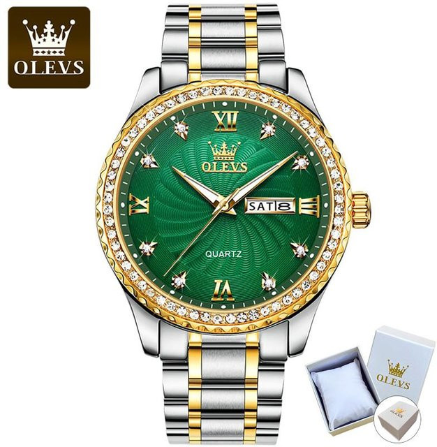 OLEVS Armbanduhr, Quarz, Edelstahl, Gold, Diamantbesetzt, Grün, Herren - Bild 1
