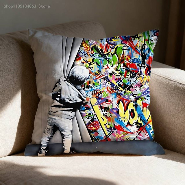 B-BanksyS Street Graffiti Kissenbezug aus Polyester, quadratisch, Multicolour, Breite: 45 cm, Höhe: 45 cm, Tiefe: 45 cm - Bild 1
