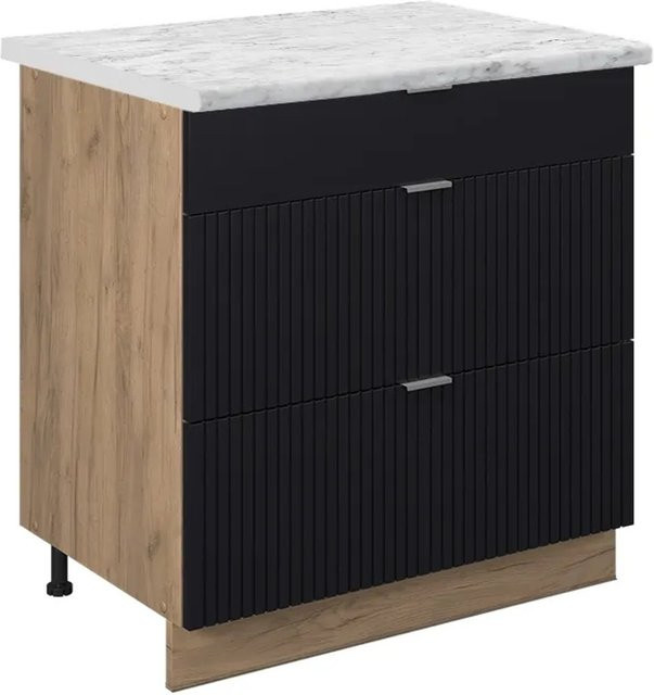 Vicco Küchenunterschrank Fame-Line in Eiche und Schwarz Gestreift mit 3 Schubladen und Marmor-Arbeitsplatte, Breite: 80 cm, Höhe: 82 cm, Tiefe: 60 cm - Bild 1