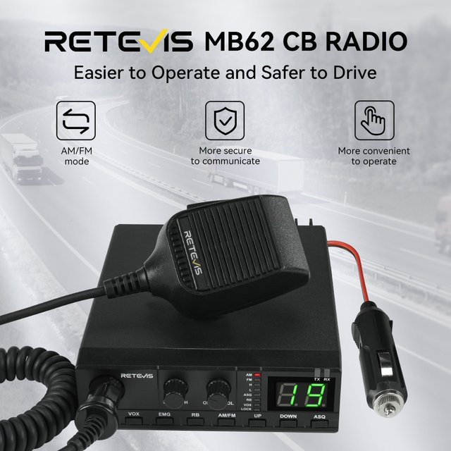 Retevis MB62 CB Funkgerät 27 MHz AM/FM Mobiles Auto-Funkgerät in Schwarz mit Instant Channel 9/19 für LKW - Bild 1