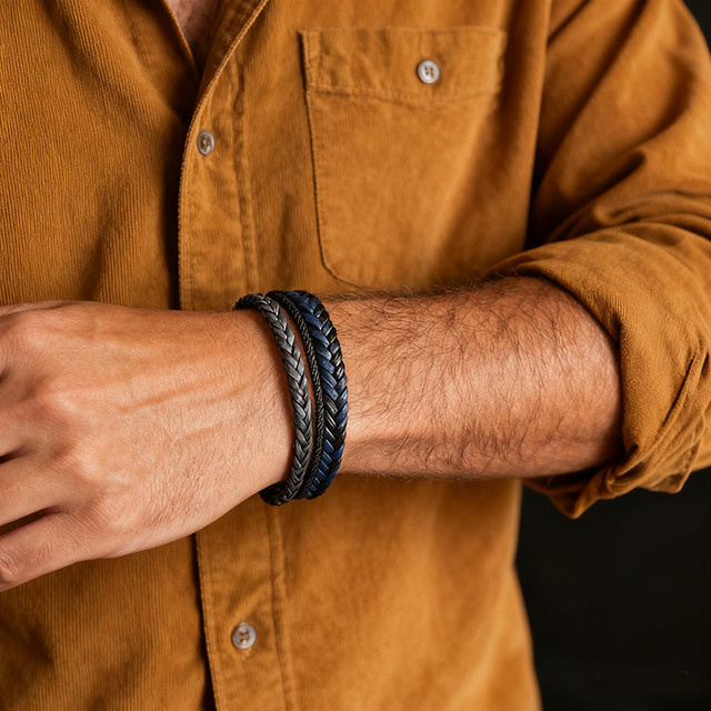Lederarmband, geflochten, Schwarz, Herren - Bild 1