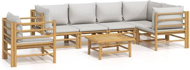 vidaXL 7-tlg Garten-Lounge-Set aus Bambus mit hellgrauen Kissen in L-Form - Bild 1