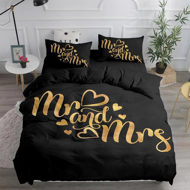 Flylo Bettwäsche-Set Mr und Mrs in Schwarz-Weiß, 3-teiliges Mikrofaser-Set mit Bettbezug und Kissenbezügen, B/H: 140 x 200 cm - Bild 1
