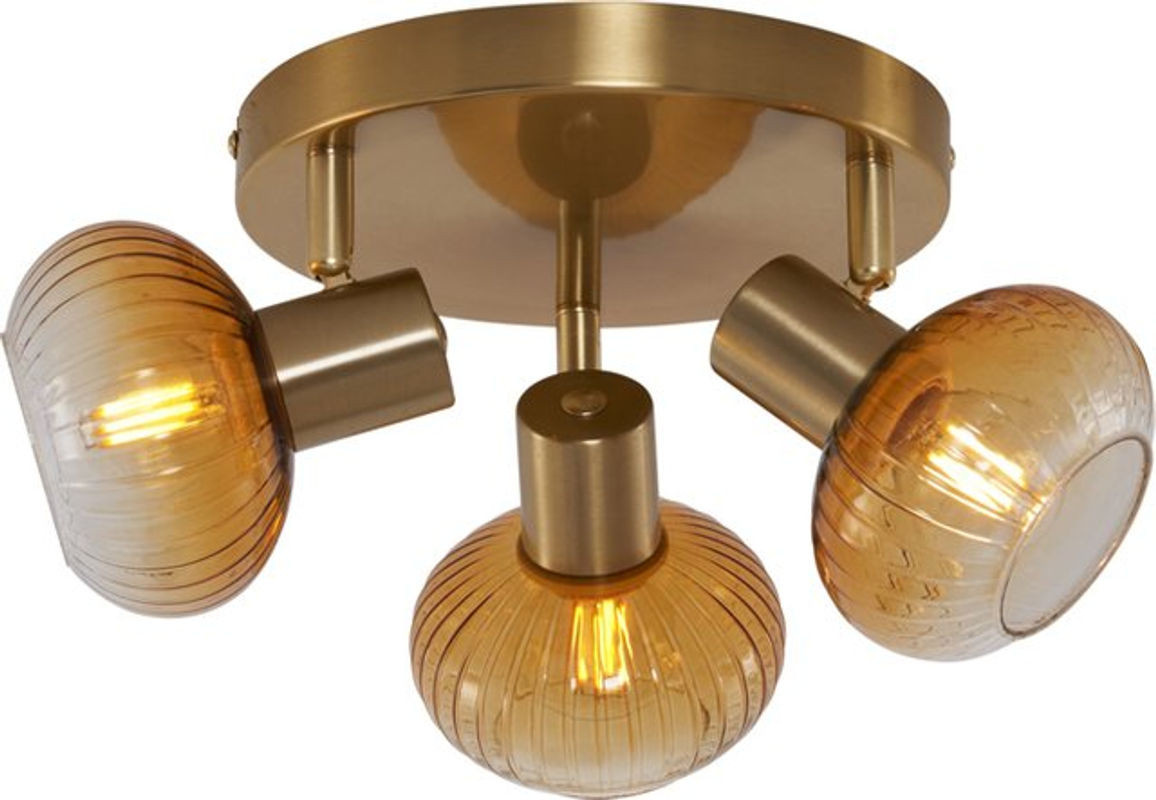 QAZQA Deckenstrahler Teddy Gold mit bernsteinfarbenem Glas, 3-flammig, rund, E14 - Bild 1