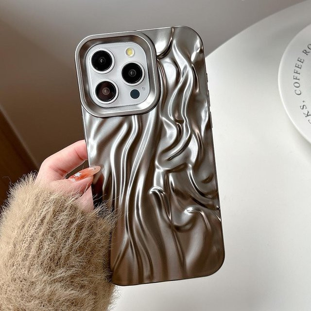 Goldene 3D-Wellen-Handyhülle für Apple iPhone 16 Pro 15 14 13 12 11 Pro Max aus galvanisiertem stoßfestem Silikon - Bild 1